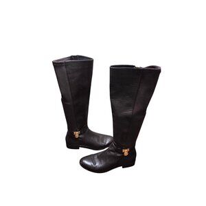 Michael Kors Brown Leather Knee-High Riding Boots Gold Logo Stretch Panels 6.5M
